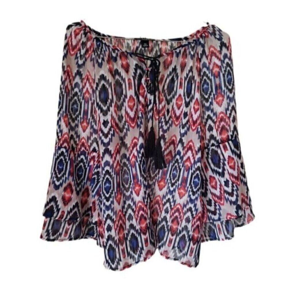 I.N. Studio Petite Aztec 3/4" Flutter Sleeve Lightweight Blouse with Tassels